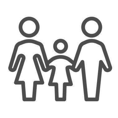 Aile çizgisi ikonu, 1 Haziran Çocuk Koruma Günü konsepti, anne, baba ve kız, beyaz arka planda imza, cep telefonu ve internet için ana hatları çocuk sembolü olan ebeveynler. Vektör grafikleri.