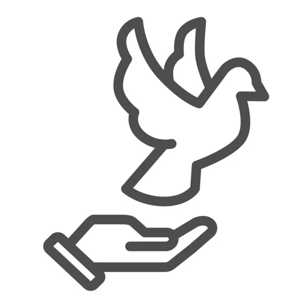 白い背景に鳩と人間の手のひら記号を飛んで、手線のアイコン、世界平和の日の概念に鳩、携帯電話やウェブデザインのための人の手と鳥のシンボルアウトラインスタイル。ベクトルグラフィックス. — ストックベクタ