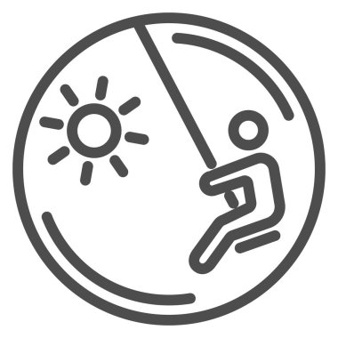 Salıncak çizgisi simgesindeki çocuk, oyun alanı konsepti, beyaz arka planda sallanan erkek vektör işareti, mobil ve web tasarımı için ana hatlarıyla belirlenmiş bir salıncak sembolü üzerinde oynayan çocuk. Vektör grafikleri.