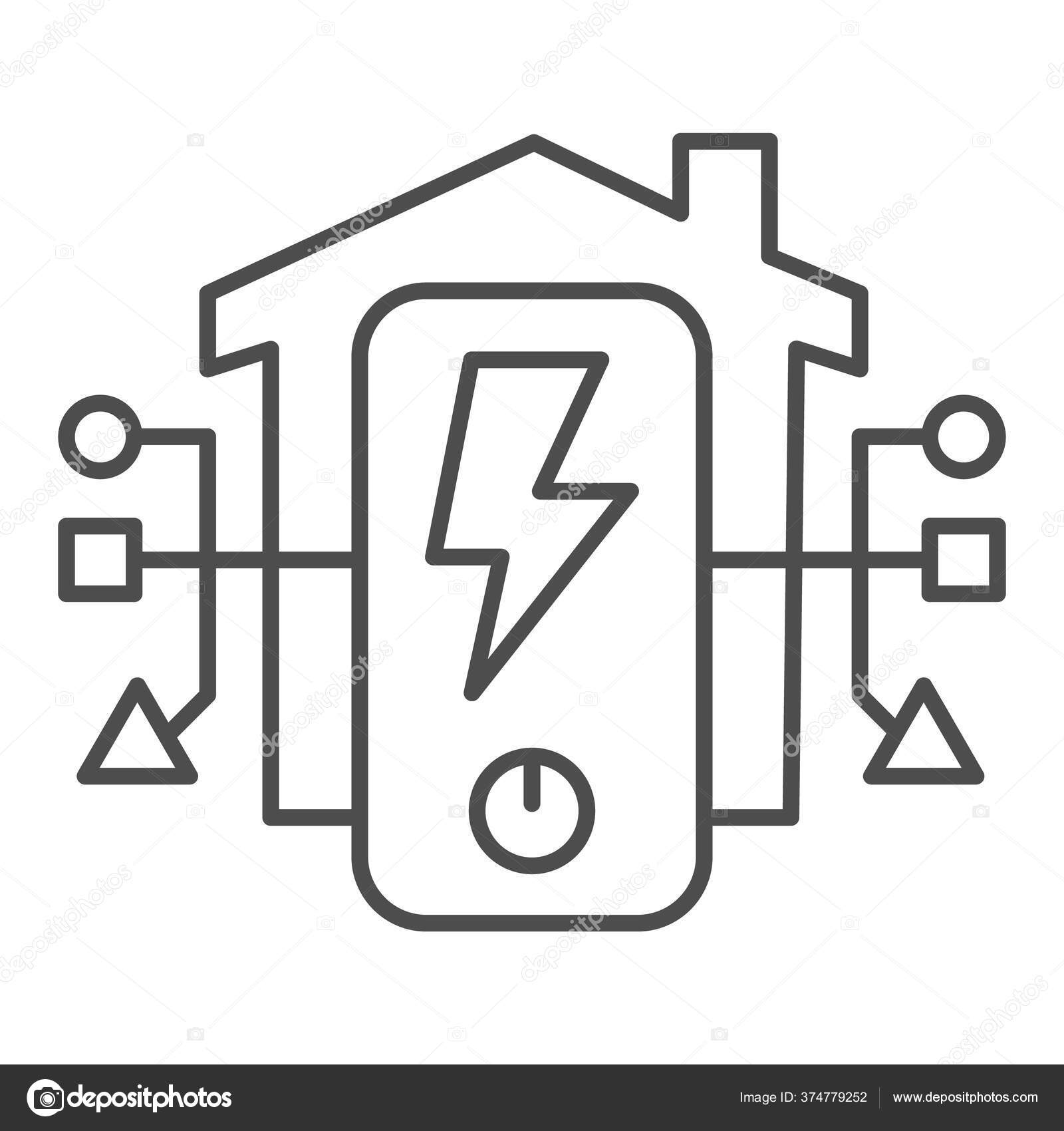 집에 있는 얇은 선 아이콘, 스마트 홈 심볼, 흰색 배경에 있는 홈 벡터 부호에서 중심적 인 에너지 관리, 골자 스타일의 에너지 공급  아이콘. 벡터 그래픽. 스톡 벡터 - ©sabustock 374779252, image size:1600x1700