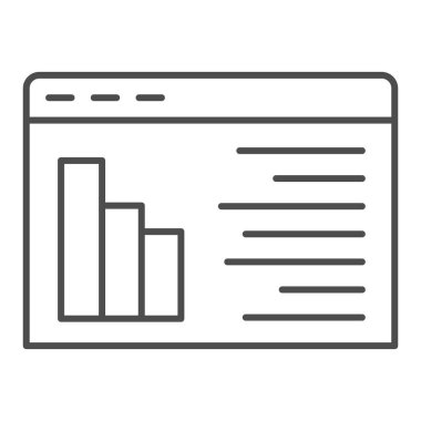 Raporlu web sitesi ve ince çizgi simgesi diyagramı. Çevrimiçi iş raporu sembolü, beyaz arkaplanda ana hatlı resim çizimi. Mobil konsept ve web tasarımı için pazarlama analitiği imzası. Vektör.