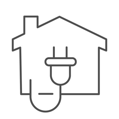 Çevre enerji soketi ve ince çizgi simgesi oluşturma, akıllı ev sembolü, beyaz arka planda elektrik vektör işareti, ev ve elektrik prizi simgesi mobil ve web için taslak biçiminde. Vektör grafikleri.