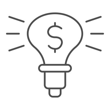 İnce çizgi ikonu içinde dolar olan ampul. Fikir yaratıcılığı sembolü, beyaz arkaplanda ana hatlı resim çizgisi. Mobil konsept ve web tasarımı için yatırım ve yenilik işareti.