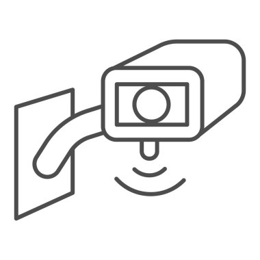 Güvenlik kamerası, ince çizgi ikonu, akıllı ev sembolü, beyaz arka planda açık hava güvenlik kamerası vektör işareti, mobil için ana hatlı güvenlik kamerası ikonu. Vektör grafikleri.