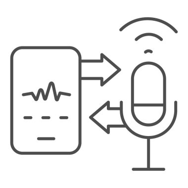 Akıllı telefon ince çizgi ikonlu mikrofon ve ses kaydı, akıllı ev multimedya sembolü, beyaz arka planda konuşma tanıma teknolojisi vektör işareti, ses kontrol simgesi. Vektör.