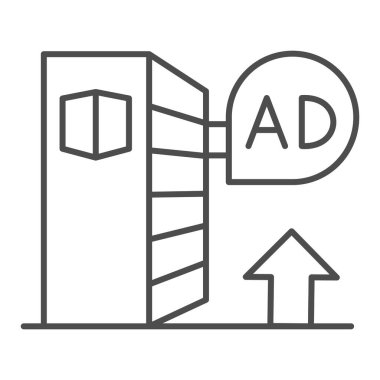 Market afişi ince çizgi simgesi. Reklam sembollü süpermarket rafları, beyaz arka planda ana hatlı resim. Mobil konsept ve web tasarımı için reklam ürünleri imzası. Vektör grafikleri.