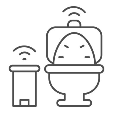 Akıllı tuvalet ve çöp tenekesi ince çizgi ikonu, akıllı ev sembolü, uzaktan kumandalı ev teknolojisi vektör işareti beyaz arka plan, tuvalet veya tuvalet aleti ikonu ana hatlarıyla. Vektör grafikleri.