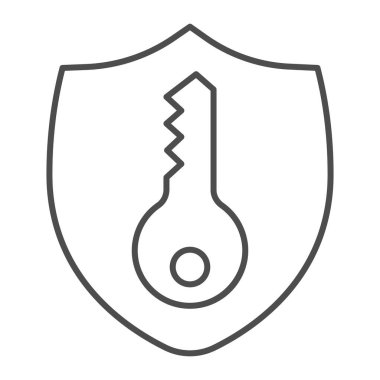 Amblem ve anahtar ince çizgi simgesi, akıllı ev sembolü, beyaz arkaplanda güvenlik ve koruma vektörü işareti, gizlilik kalkanı ve mobil konsept ve web tasarımı için ana hatlı anahtar simgesi. Vektör.