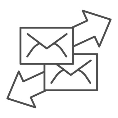 Yön okları ile yazışmalar ince çizgi simgesi. Harflerin sembolünü gönder ve al, beyaz arkaplanda ana hatlı resim çizimi. Mobil konsept ve web tasarımı için posta hizmeti işareti. Vektör.