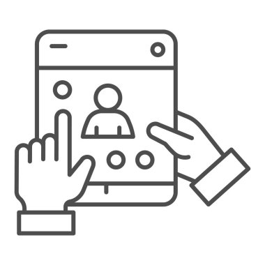 İnce çizgi simgesi, akıllı ev sembolü, beyaz arka planda internet teknolojisi vektör işareti, akıllı telefon ve sosyal hesap simgesi olan tablet. Vektör grafikleri.