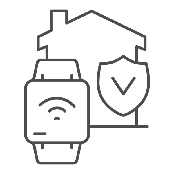 Hus med smart klocka och kontrolleras emblem tunn linje ikon, smarta hem symbol, internet of things teknik vektor tecken på vit bakgrund, byggnad fjärrkontroll enhet ikon kontur. Vektor. — Stock vektor