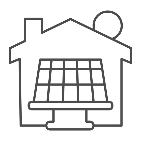 Солнечная батарея с солнцем и дом тонкой линии значок, умный символ дома, солнечные батареи батареи и зеленый вектор энергии знак на белом фоне, солнечная панель производят энергию для дома значок в очертании . — стоковый вектор