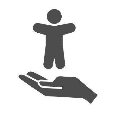 İnsan avuç içi resmi üzerinde çocuk, 1 Haziran Çocuk Koruma Günü konsepti, beyaz arka planda el ele tutuşan çocuk tabelası, cep telefonu ve internet için çocuk bakım sembolü. Vektör grafikleri.