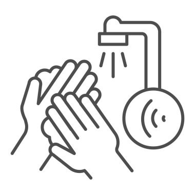 Eller sensör musluğunun altında yıkanırken ince çizgi simgesi, akıllı ev teknolojisi sembolü, beyaz zemin üzerinde radyo dalgaları vektör işareti olan hareketli su musluğu, özet olarak otomatik el yıkama musluğu simgesi. Vektör.