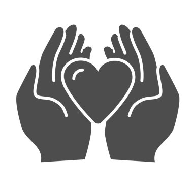 Avuç içlerindeki kalp katı bir ikon, aşk ya da sağlık konsepti, beyaz arka planda insan eli kalp vektör işareti, kalp sembolü olarak glyph tarzı mobil ve web tasarımı. Vektör grafikleri.