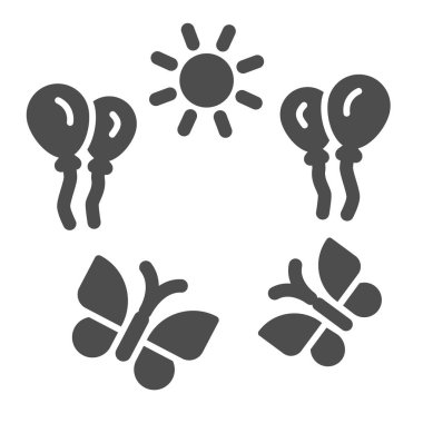 Kelebekli güneş ve balonlar sert ikon, 1 Haziran çocuk günü kutlama konsepti, beyaz arka planda yaz tatili, güneşli gün, iki kelebek ve balon sembolü.