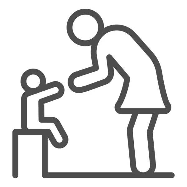 Ікона для малюків, 1 червня, коли діти захищають концепцію, мама піклується про підпис своєї дитини на білому тлі, син сидить і стоїть з батьківським іконом в стилі контури. Векторна графіка. — стоковий вектор