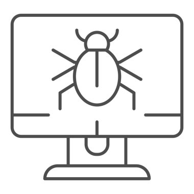 Masaüstü ince çizgi simgesinde uyarı uyarısı. Virüslü bilgisayar vektör çizimi beyaza izole edildi. Bilgisayar hatası, web ve uygulama için tasarlanmış ekran ana hatları tasarımı. Eps 10.