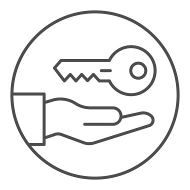 Anahtar elinde ince çizgi simgesi. Beyazda izole edilmiş vektör çizimi sağlanıyor. Güvenlik tasarımı, web ve uygulama için tasarlanmış. Eps 10.