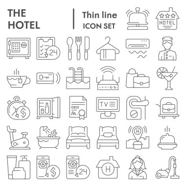 Otel ince çizgi simgesi seti, servis sembolleri koleksiyonu, vektör çizimleri, logo illüstrasyonları, hostel işaretleri beyaz arkaplanda izole edilmiş doğrusal pictogram paketleri, eps 10.