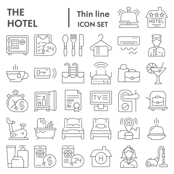 Hotel tenké čáry ikony set, služby symboly kolekce, vektorové skici, logo ilustrace, ubytovna značky lineární piktogramy balíček izolované na bílém pozadí, eps 10. — Stockový vektor