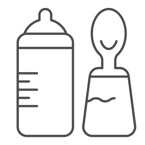 Bottiglia bambino e cucchiaio linea sottile icona. Bottiglia con tettarella e illustrazione vettoriale cucchiaio isolato su bianco. Design dello stile di contorno nutrizionale per bambini, progettato per web e app. Eps 10 . — Vettoriale Stock