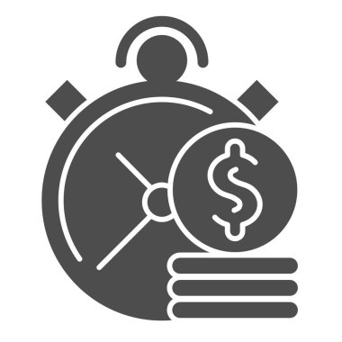Zaman para için sağlam bir ikondur. Saat ve sikke vektör çizimi beyaza izole edildi. Yatırım zamanı kabartma tasarımı, web ve uygulama için tasarlanmış. Eps 10.