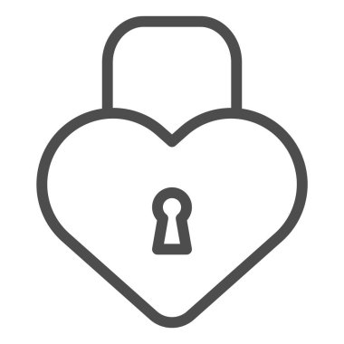 Kalp şeklindeki kilit çizgisi simgesi. Beyaz renkte izole edilmiş asma kilit vektör çizimi. Kapalı kilit tasarımı, web ve uygulama için tasarlanmış. Eps 10.