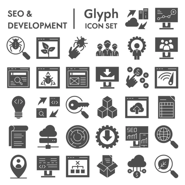 Seo and development glyph icon set, computing symbols collection, διανυσματικά σκίτσα, εικονογραφήσεις λογότυπων, σήματα βελτιστοποίησης συμπαγές πακέτο εικονογραμμάτων απομονωμένο σε λευκό φόντο, eps 10. — Διανυσματικό Αρχείο