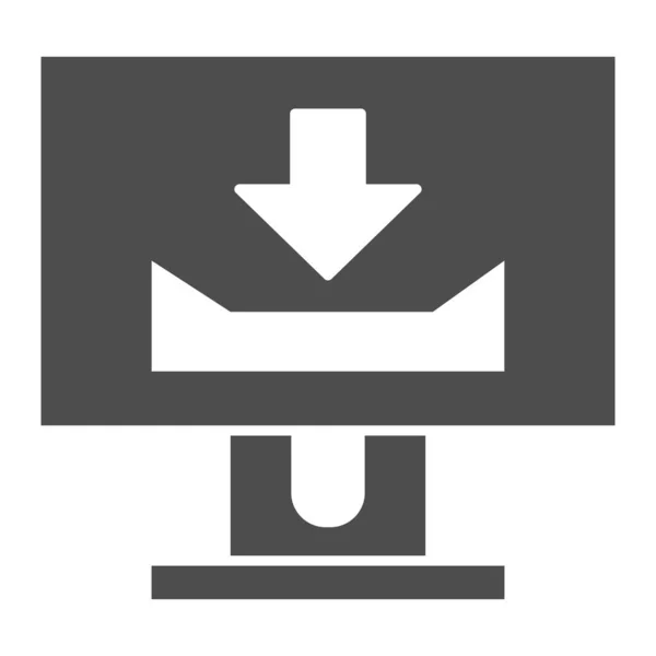 Monitor desktop con segno di download icona solida. Schermo del computer con illustrazione vettoriale di download isolato su bianco. Visualizza il design in stile glifo, progettato per il web e l'app. Eps 10 . — Vettoriale Stock