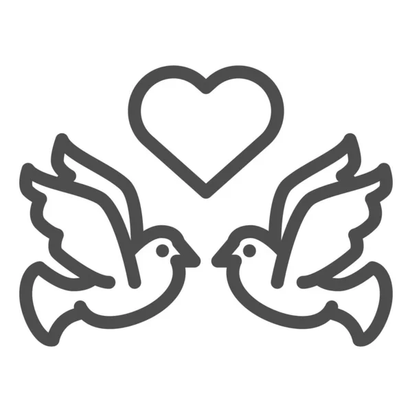 Pombos voadores com ícone de linha do coração. Amores aves vetor ilustração isolado em branco. Dia dos Namorados design estilo esboço, projetado para web e app. Eps 10 . — Vetor de Stock