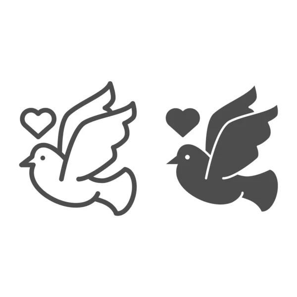 ハートラインとグリフアイコンで鳩。白い鳩ベクトルのイラストが美しいです。ウェブとアプリ用に設計されたバレンタインデーの鳥のアウトラインスタイルのデザイン。Eps 10. — ストックベクタ