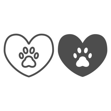 Köpek pençesi çizgisi ve sembol olan kalp. Kalp ve pençe izi vektör çizimi beyaza izole edildi. Web ve uygulama için tasarlanmış, kalp hatlarında hayvan ayak izleri. Eps 10.