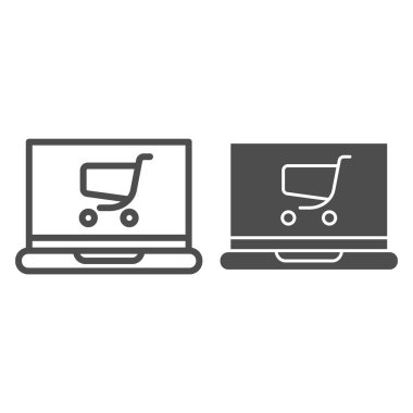 Araba çizgisi ve simgesi olan dizüstü bilgisayar. Çevrimiçi alışveriş vektörü illüstrasyonu beyazda izole edildi. Web ve uygulama için tasarlanmış alışveriş tramvayı tasarımı olan bir defter. Eps 10.