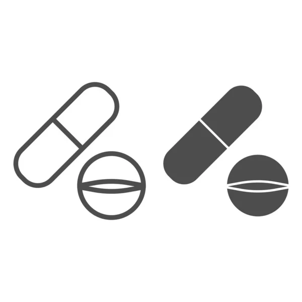 Γραμμή δισκίων και καψακίων και εικονίδιο glyph. Χάπια διανυσματική απεικόνιση απομονώνονται σε λευκό. Σχεδιασμός στυλ περίγραμμα ναρκωτικών, σχεδιασμένο για web και app. Eps 10. — Διανυσματικό Αρχείο