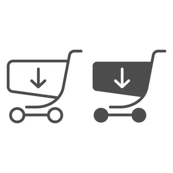 Shopping cart with put down line and glyph icon. Online shopping vector illustration isolated on white. Trolley with down arrow outline style design, designed for web and app. Eps 10. — Stock Vector