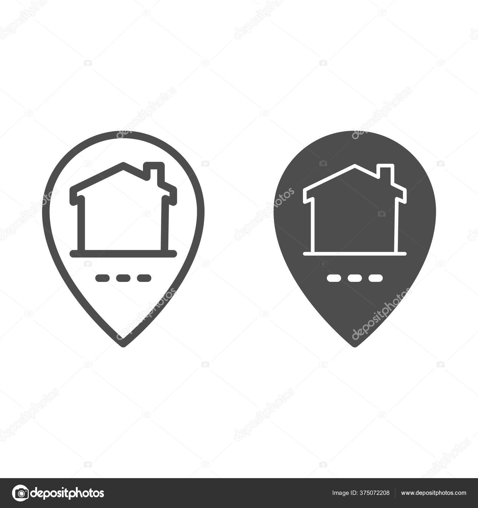 위치 포인터 및 빌드 라인 및 견고 한 아이콘, 스마트 홈 심볼, 흰색 배경에 홈 배급 벡터 사인, 모바일 개념을 위한 집 내부 아이콘  개요 스타일을 가진 맵 핀. 벡터 그래픽. 스톡, image size:1600x1700
