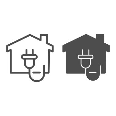 Çevre enerji soketi ve inşaat hattı ve katı ikon, akıllı ev sembolü, beyaz arka planda elektrik vektör işareti, ev ve elektrik prizi ikonu mobil ve web için ana hatlı. Vektör grafikleri.