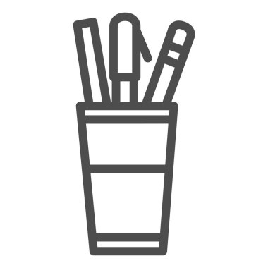 Kırtasiye çizgisi simgesi, ofis malzemeleri sembolü, beyaz arka planda kırtasiye malzemeleri için Holder, cep telefonu ve web tasarımı için tasarım tarzında okul malzemeleri sembollü kalem kutusu.