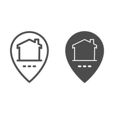 Konum imleci ve yapı çizgisi ve katı ikon, akıllı ev sembolü, beyaz arka planda ev dağıtımı vektör işareti, mobil konsept için ev içerisindeki ikon ana hatları ile harita broşu. Vektör grafikleri.