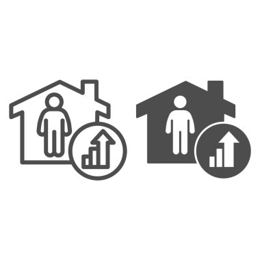 Emlak yatırımı büyüme çizgisi ve sağlam bir ikon. Beyaz arkaplandaki kişi ve başarı yukarı doğru ok sembolü resim çizimi. Mobil konsept ve web tasarımı için emlak yatırım tabelası.