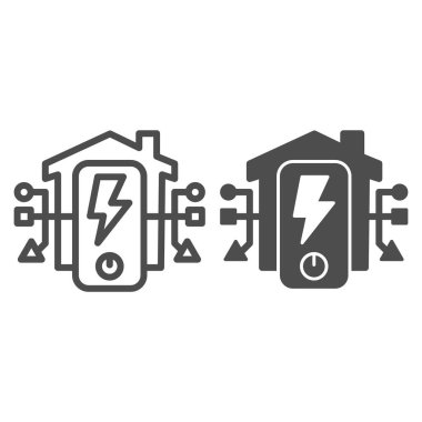 Ev hattındaki elektrik paneli ve katı ikon, akıllı ev sembolü, beyaz arka plandaki ev vektör işaretinde merkezileştirilmiş enerji yönetimi, ana hatlarda enerji ikonu. Vektör grafikleri.