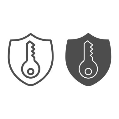 Amblem ve anahtar çizgisi ve katı simge, akıllı ev sembolü, beyaz arka planda güvenlik ve koruma vektörü işareti, gizlilik kalkanı ve mobil konsept ve web tasarımı için ana hatlı anahtar simgesi. Vektör.