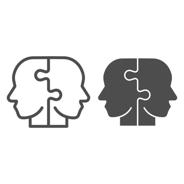 Två pusselbitar bildar människans huvudlinje och solid ikon. Pussel manliga huvuden symbol, skissera stil piktogram på vit bakgrund. Kreativ företagsskylt för mobila koncept och webbdesign. Vektorgrafik. — Stock vektor