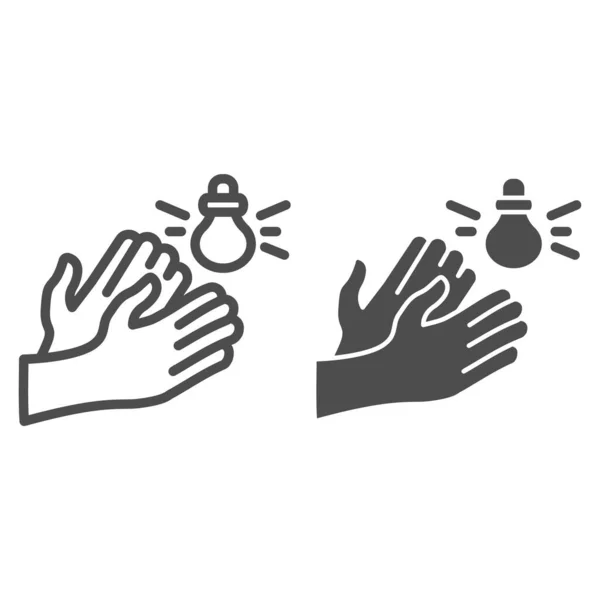 Руки и звуковой датчик линии и твердый значок, умный символ дома, умные векторные технологии знак на белом фоне, лампочка и рукава значок в стиле наброска для мобильного концепта и веб. Векторная графика . — стоковый вектор