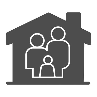 Evde sağlam bir ikon, ev kavramında aile, beyaz arka planda ebeveyn ve çocuk imzası, taşınabilir ve web için ikamet simgesi olan çocuklarıyla güvenli aile. Vektör grafikleri.