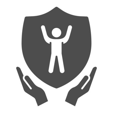 İnsan elinde çocuk koruma kalkanı, sağlam bir ikon, 1 Haziran Çocuk Koruma Günü konsepti, beyaz arka planda bebek emniyeti tabelası olan ebeveynler, sembolle ilgilenen çocuklar. Vektör grafikleri.