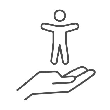 İnsan avuç içi çizgisi ikonu üzerinde çocuk, 1 Haziran Çocuk Koruma Günü konsepti, beyaz arka planda el ele tutuşan çocuk tabelası, cep telefonu ve internet için çocuk bakım sembolü. Vektör grafikleri.