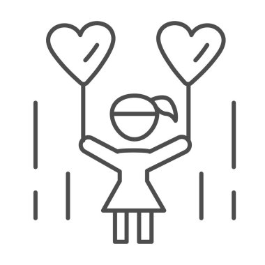 Kalp şeklinde balonları olan küçük bir kız ince çizgi ikonu, 1 Haziran çocuk koruma günü konsepti, beyaz arka planda kalp şeklinde balon tutan çocuk cep telefonu tarzı, web.