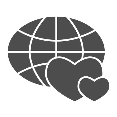 Küre ve kalpler katı bir ikon, hayır kurumu konsepti, beyaz arka planda Dünya sevgisi işareti, dünya çapında mobil ve web tasarımı için sembolik bir simge. Vektör grafikleri.